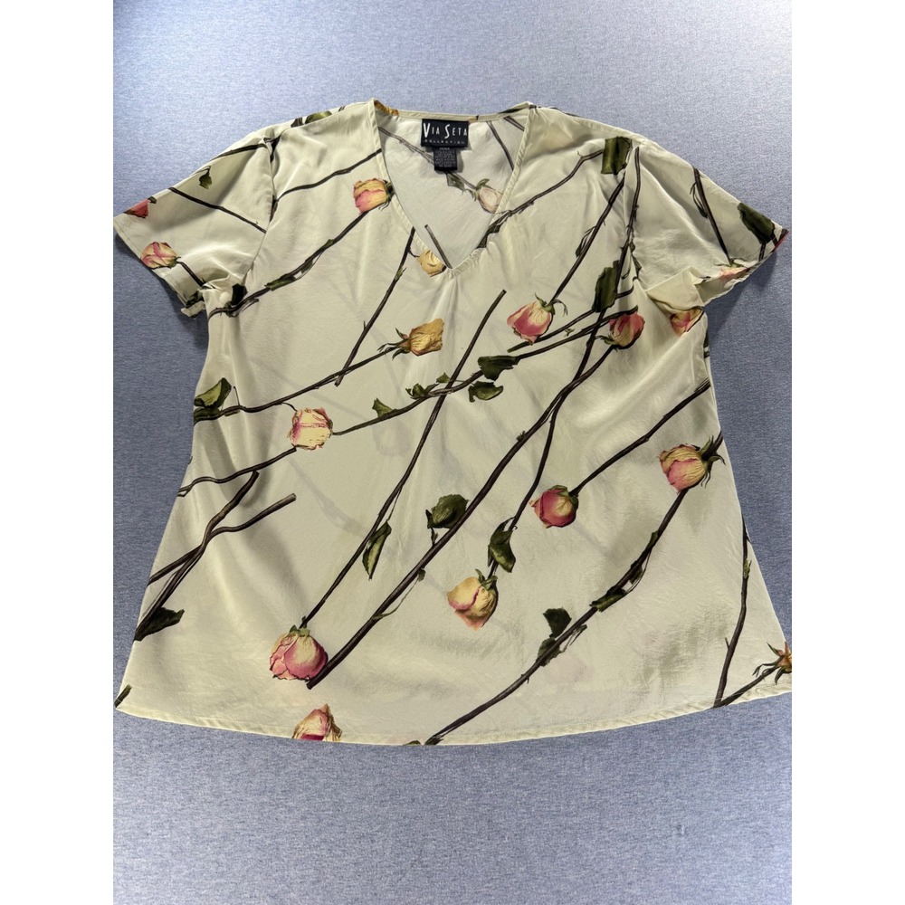 Via Seta Collection Silk 2 Piece Set Cardigan Blouse Sage Green Floral 12 14 - Picture 8 of 12